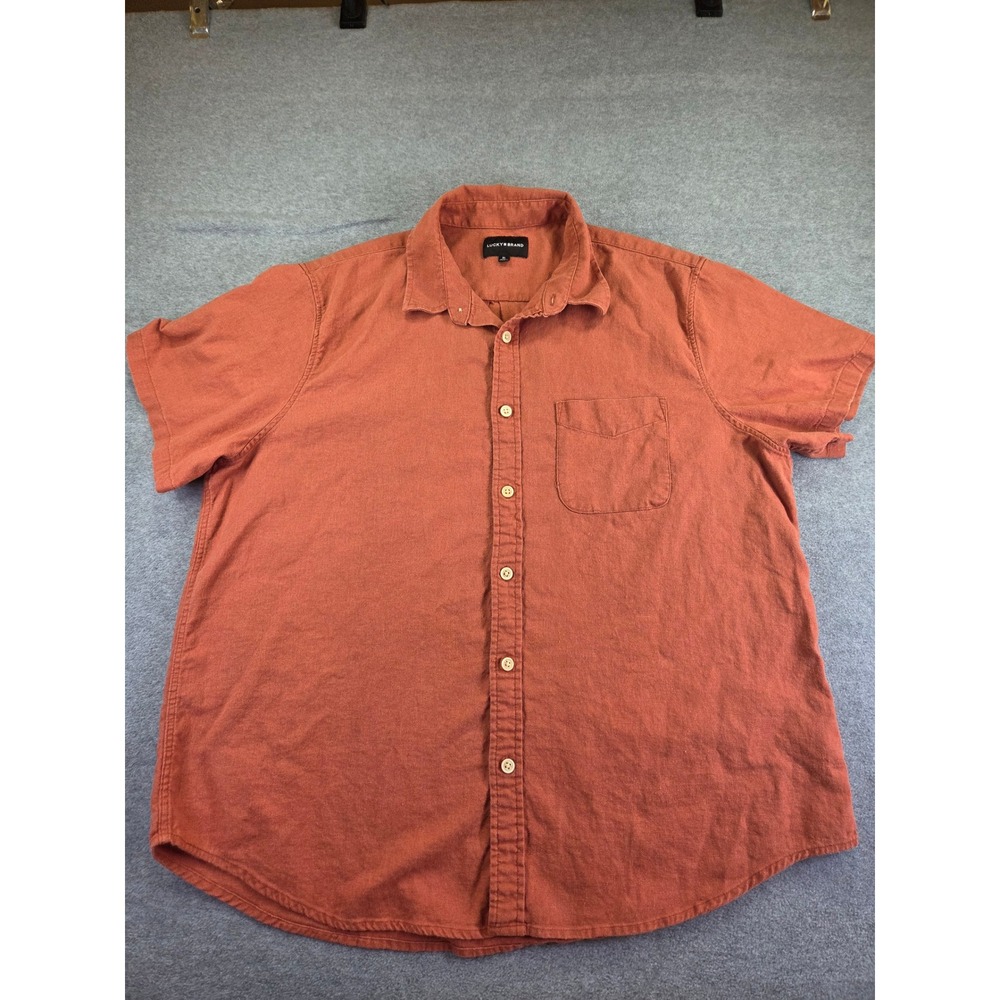 Lucky Brand Mens Linen Blend Short Sleeve Button Down Shirt XL Orange Coastal
